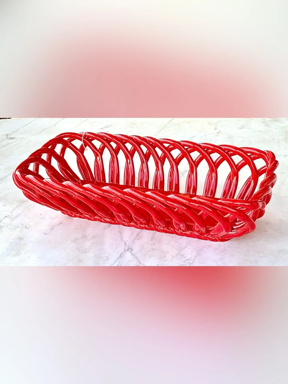THE PIONEER WOMAN RED LATICE Woven GLAZED STONEWARE BREAD BASKET 14 IN